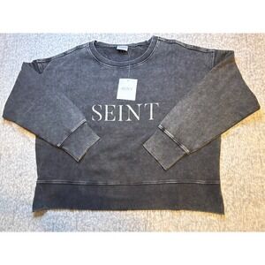 SEINT‎ Graphic Sweatshirt Washed Black Crewneck LongSleeve Top Womens Size L NWT